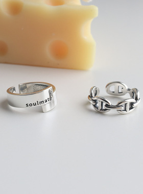 韩版S925银个性几何镂空猪鼻子戒指女复古时尚字母拼接开口食指环