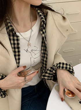 日韩S925银圆牌字母项链女复古时尚锁扣破碎裂痕个性锁骨链毛衣链