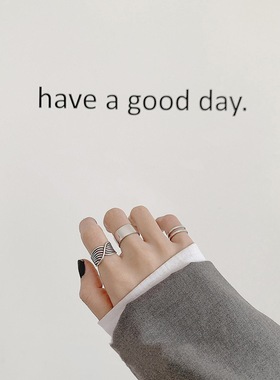 复古时尚几何戒指女条纹百搭个性嘻哈S925镀银开口指环食指戒