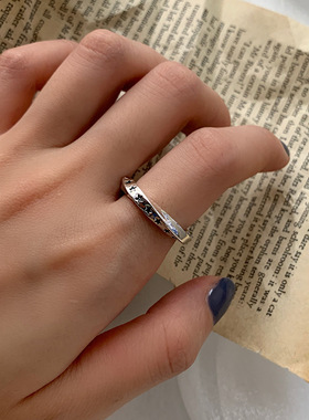 日韩S925银莫比乌斯戒指女复古时尚满天星星开口指环嘻哈食指戒潮