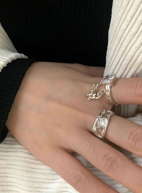 锆石戒指女时尚优雅气质方块S925银开口指环ins小众食指戒潮