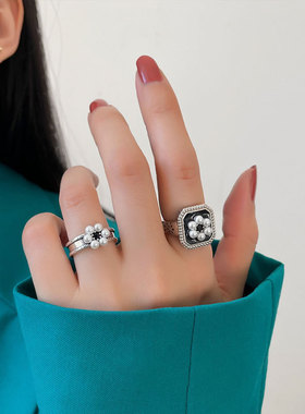 欧美复古时尚珍珠戒指女925银韩版轻奢高级感跨境个性开口食指环