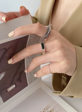 韩国S925银几何黑色长方形戒指女复古食指环欧美学生简约饰品潮