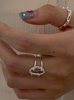 韩版S925银几何不规则线条戒指女复古个性波浪镂空开口指环食指戒