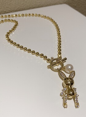 日韩S925银可爱机械兔子项链女复古时尚珍珠OT扣锁骨链创意毛衣链