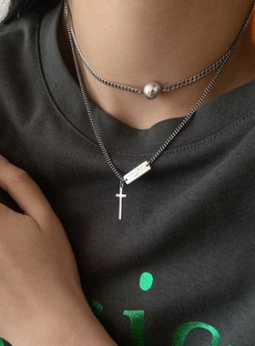 韩版S925银几何圆球项链女复古简约时尚锁骨链气质嘻哈蹦迪饰品潮