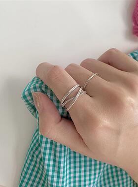 韩版S925银线条交叉戒指女复古时尚个性爱心开口指环嘻哈食指戒潮