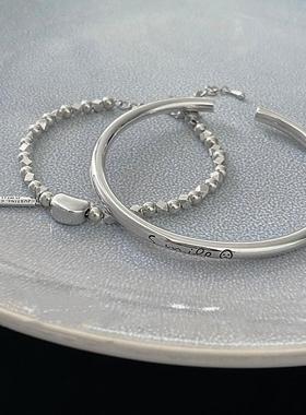 简约字母微笑脸手镯女复古时尚叠戴碎银豆豆S925手环手链百搭手饰