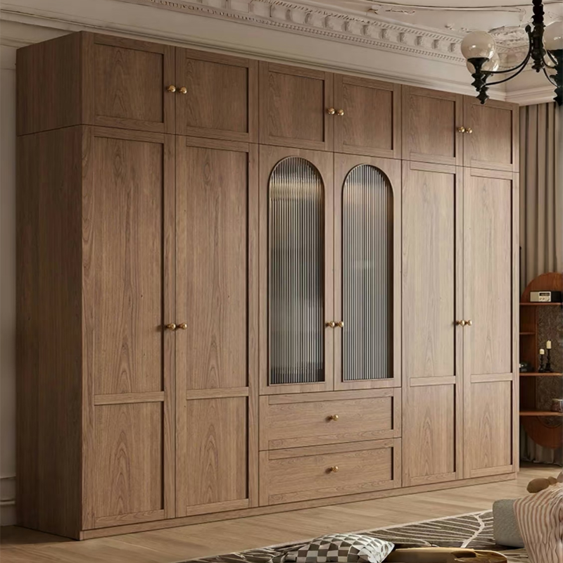 实木衣柜复古色法式樱桃木衣橱中古简约家用卧室柜子原木全屋定制 - 图0