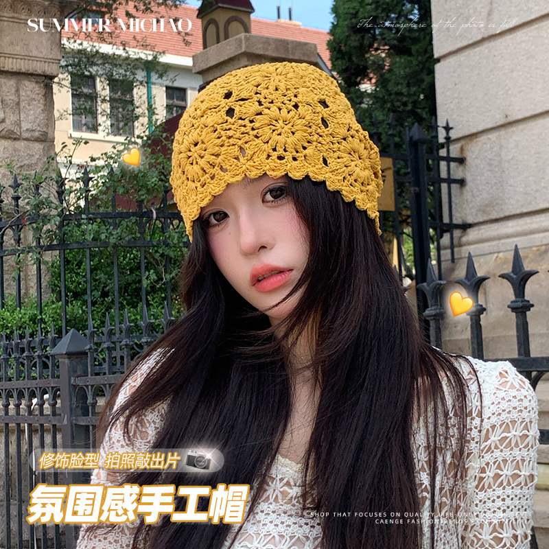 针织帽子女2025新款旅游手工镂空钩花帽显脸小夏季薄款编织包头帽,淘宝优惠券,粉丝福利购,淘宝优惠卷