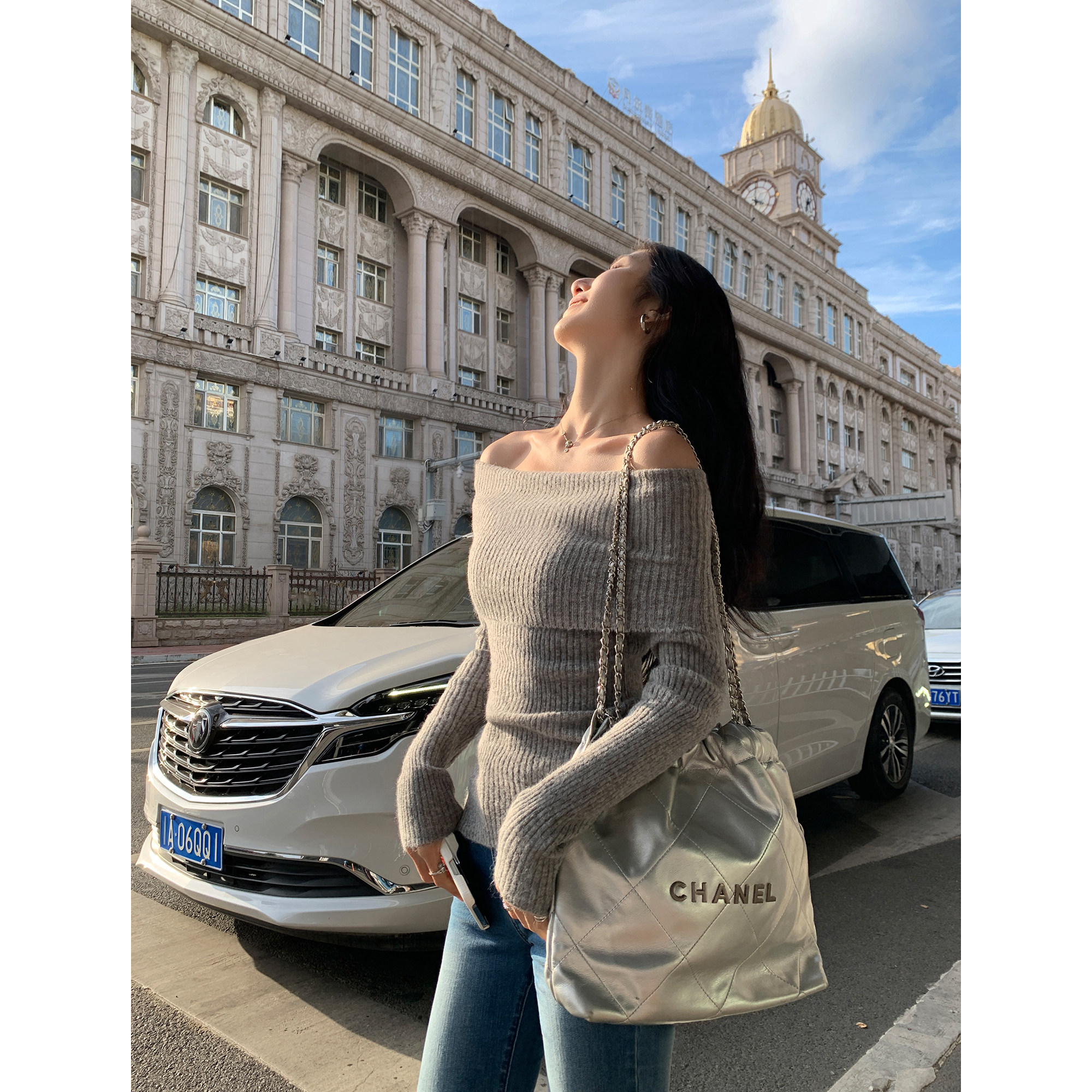 MULVAN紫色一字肩针织衫女秋冬慵懒毛衣修身显瘦套头露肩长袖上衣