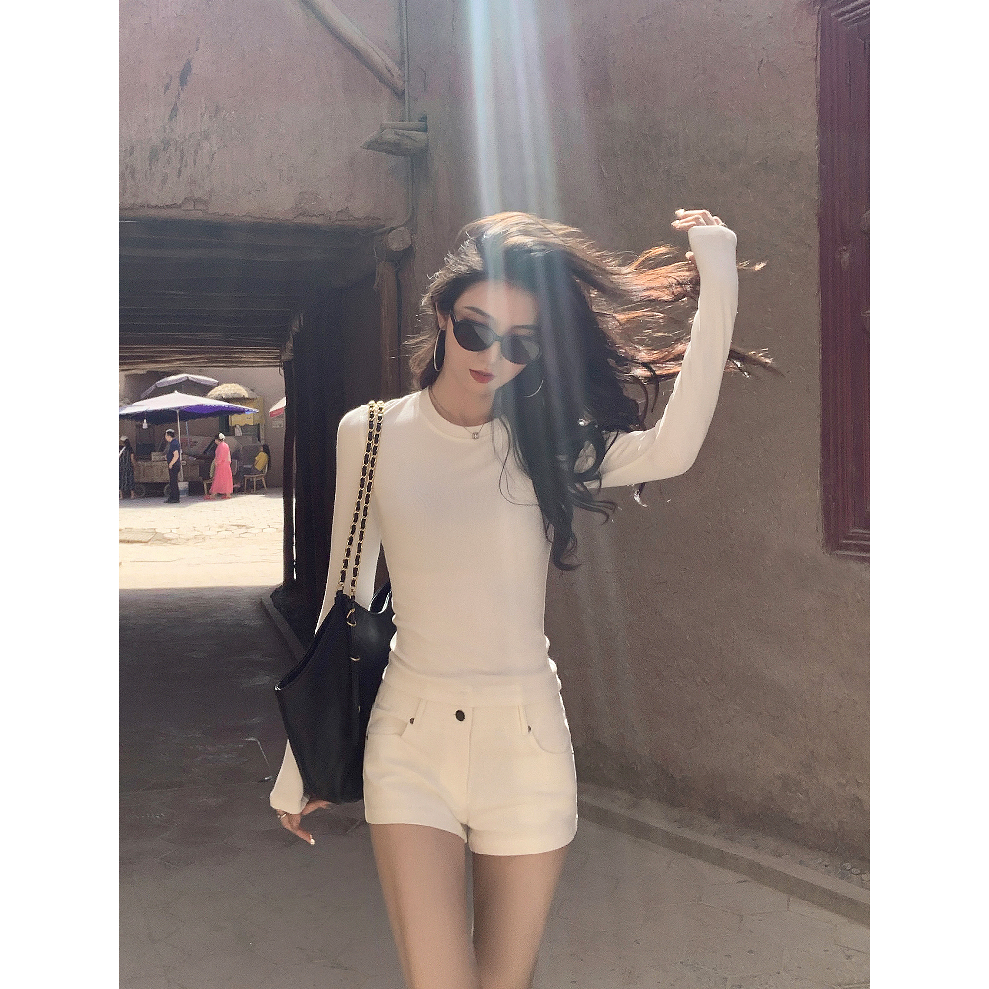 MULVAN 玫瑰庞克 正肩圆领针织长袖T恤女套头打底衫修身显瘦上衣 - 图2