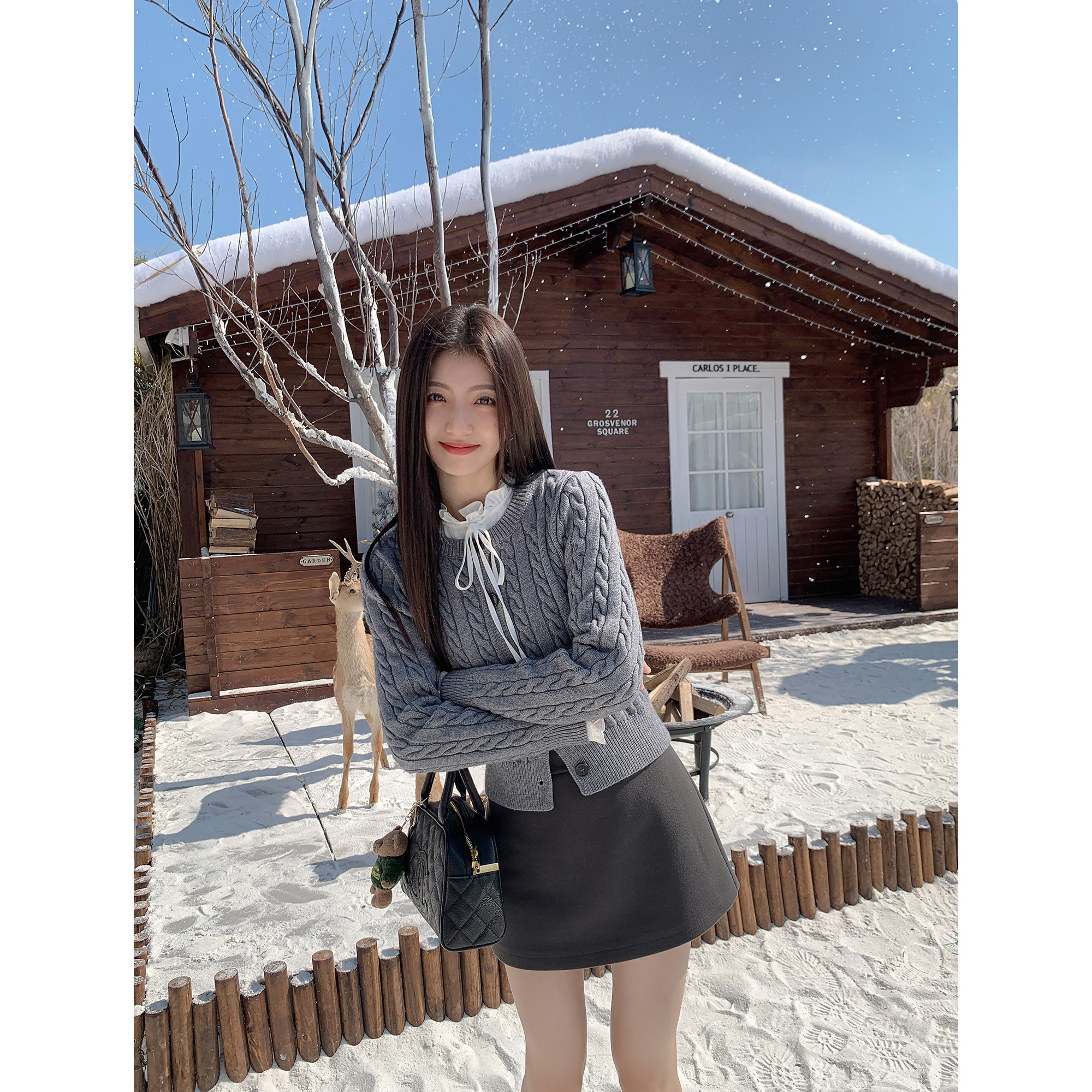 MULVAN 灰色圆领麻花毛衣开衫女冬季短款修身内搭针织衫上衣 - 图2