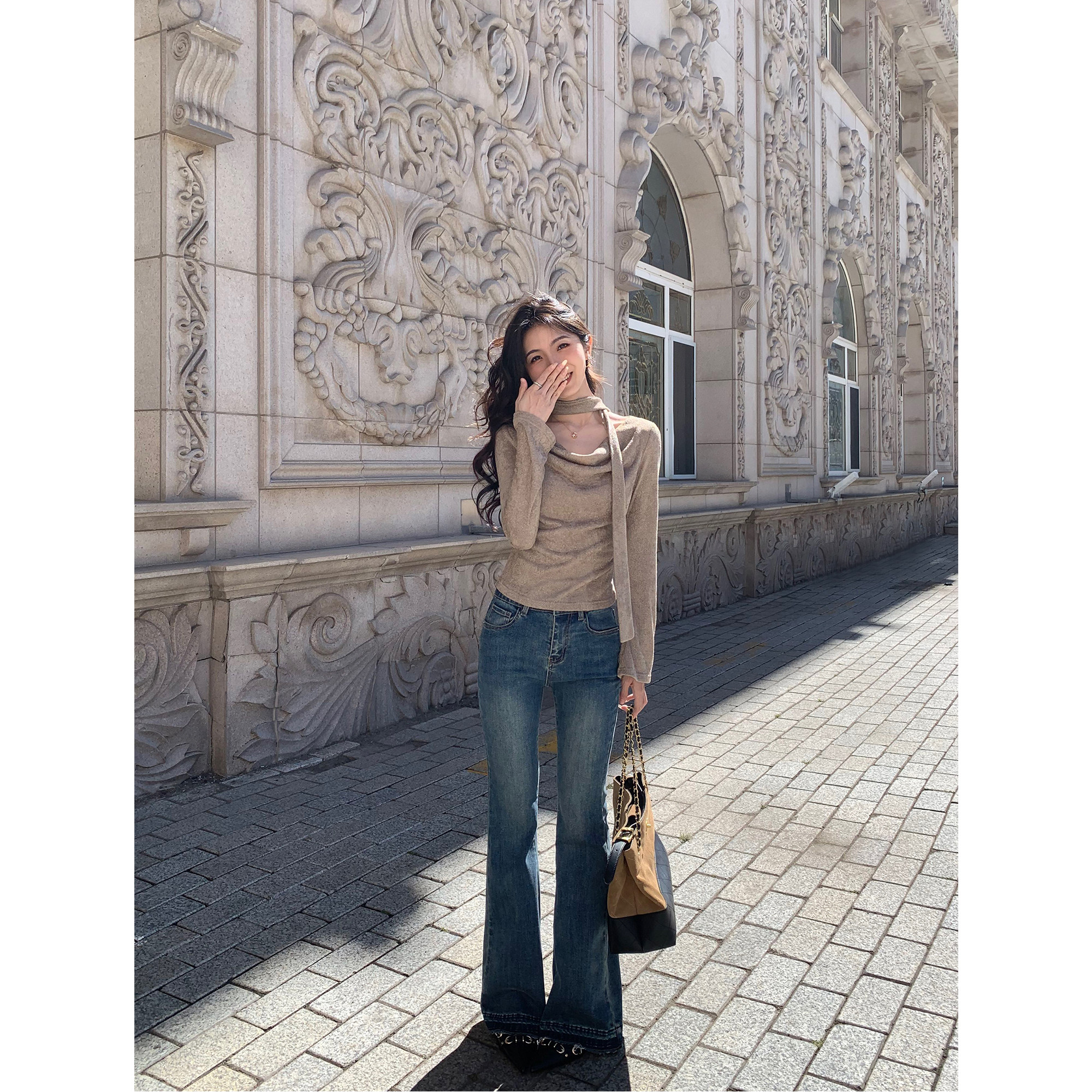 MULVAN 收藏浪漫 荡领长袖针织衫女微喇袖口修身显瘦上衣~配飘带,淘宝优惠券,粉丝福利购,淘宝优惠卷