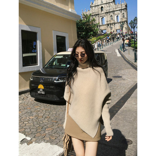 MULVAN-suéter de cuello alto para mujer, Top holgado irregular con manga de murciélago y nicho, otoño e invierno