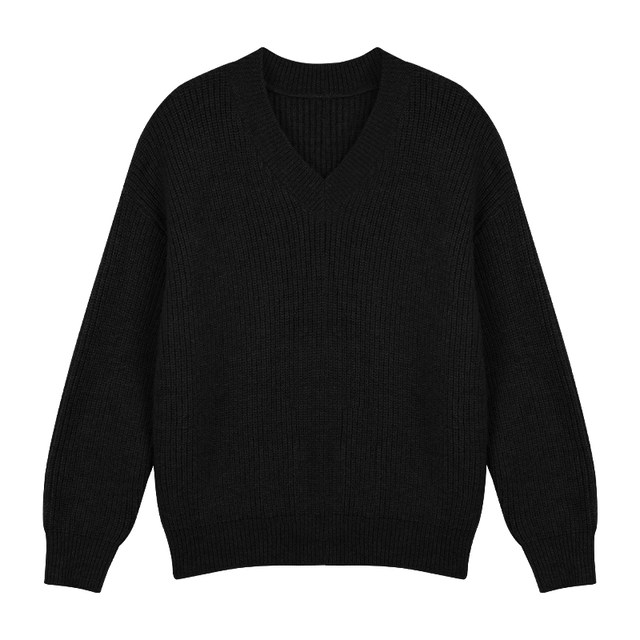 MULVAN black V-neck sweater for women in autumn and winter pullover loose long-sleeved wool casual versatile thickened knitted top