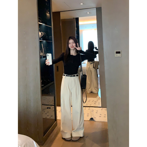 MULVAN 奶油可可 白色半开圆领针织t恤长袖修身内搭针织衫上衣女 - 图0