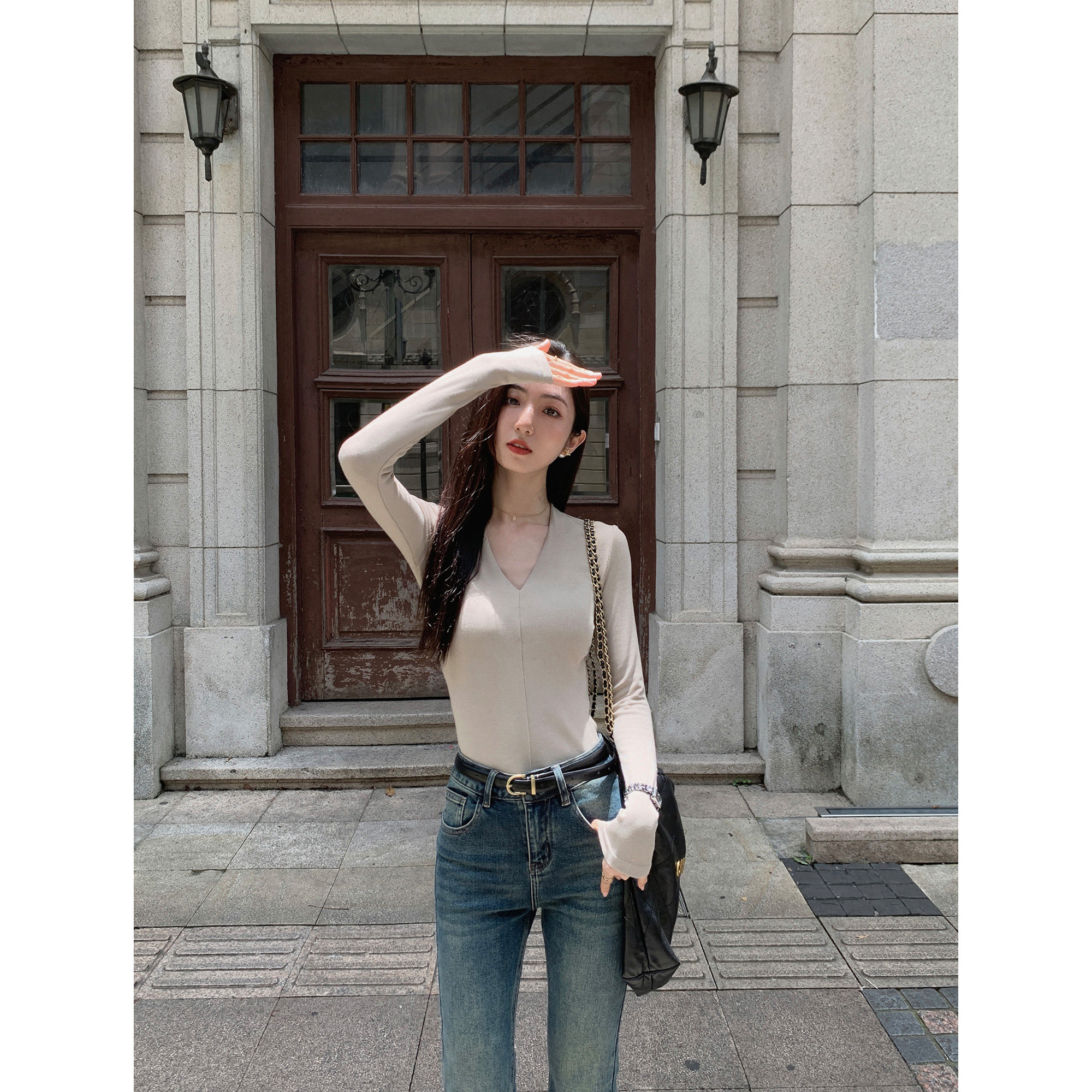 MULVAN黑色v领长袖t恤女新款修身显瘦百搭针织内搭打底衫上衣,淘宝优惠券,粉丝福利购,淘宝优惠卷