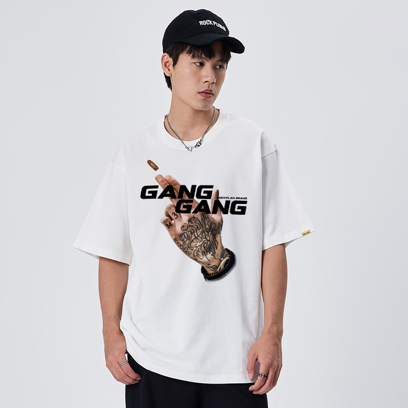 摇滚计划诺米M3美式印花GANGGANG学生高街半袖复古男嘻哈短袖T恤 - 图1