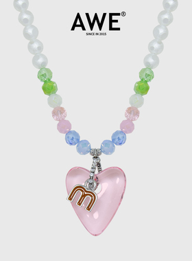 AWE唐九洲同款字母粉色爱心项链