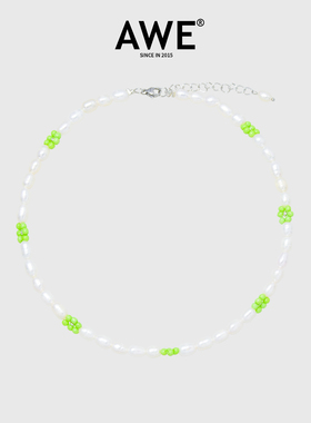 AWE彩色小花珍珠串珠项链choker