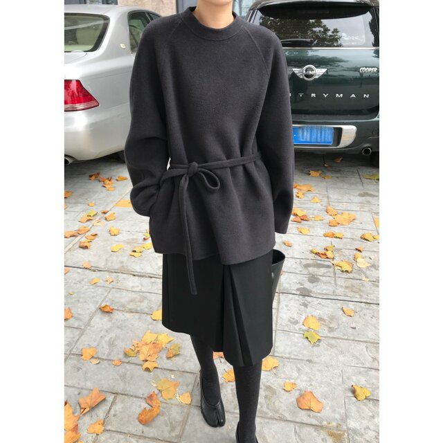 ZHONG HE · 25秋冬新款清冷气质宽松圆领羊毛系带双面呢上衣女