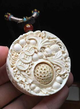 猛犸象牙雕刻福禄万代吊坠圆牌挂件搭配玲珑球毛衣链项饰饰品