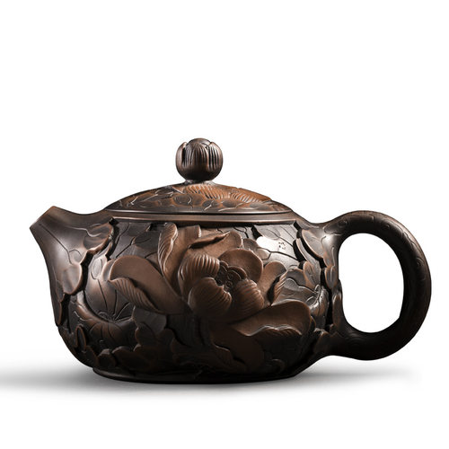 云南建水紫陶壶纯手工堆雕茶壶西施壶莲花浮雕功夫茶具泡茶器陶制 - 图0
