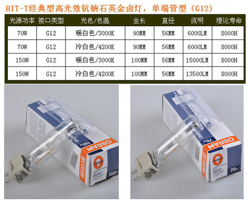 欧司朗HIT-T 70W150W石英金卤灯高强度气体放电灯商场服装店专用 - 图2