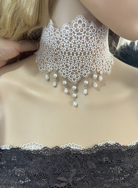 客定黑色金属扣蕾丝项链流苏水晶