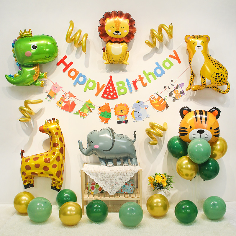 卡通动物生日快乐气球装饰儿童宝宝一周岁派对场景氛围布置背景墙 - 图3