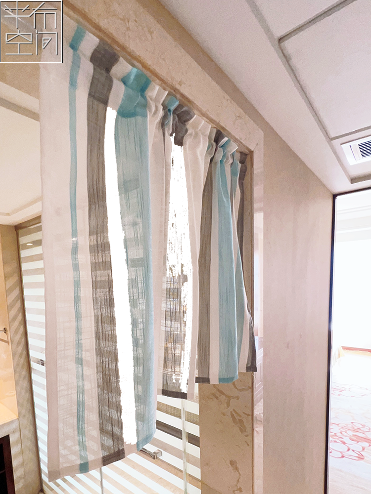 灰兰条纹日式棉麻门帘厨房遮挡帘杂物柜帘书柜纱帘免打孔玄关短帘 - 图0