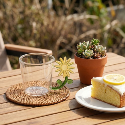 高颜值立体太阳花朵玻璃水杯带把手家用牛奶果汁杯子咖啡杯批家用 - 图1