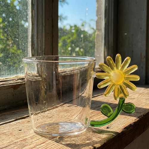 高颜值立体太阳花朵玻璃水杯带把手家用牛奶果汁杯子咖啡杯批家用 - 图3