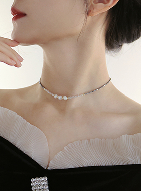 云墨渐变水晶天然淡水珍珠项链