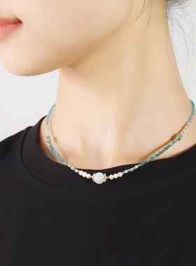 海蓝宝串珠choker小珍珠细颈链