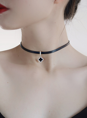 choker锆石项圈四叶草吊坠黑色