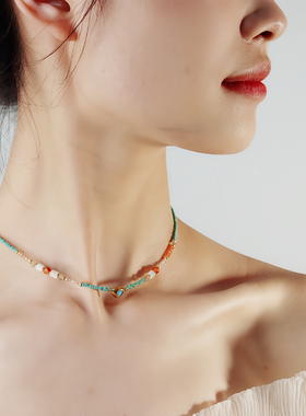 精致绿松石choker心形挂坠锁骨链