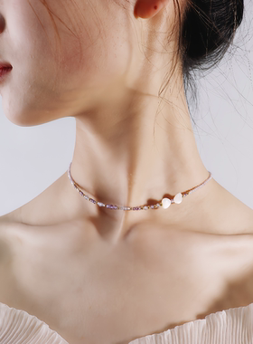 极细串珠短项链神秘清新风蝴蝶结