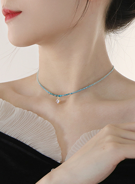 水晶锁骨链渐变蓝色细闪锆石吊坠