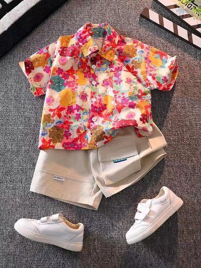 潮复古短袖花衬衫亲子装夏季粉色印花宽松设计感小众中大童装上衣