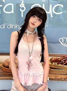 日系亚文化天使翅膀音符皮质项链甜酷少女感粉色长款毛球锁骨链女