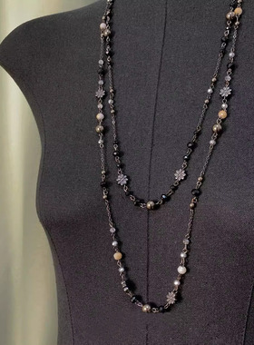 新款双层链辣妹个性超长做旧小众花卉项链叠戴波西米亚复古毛衣链