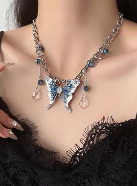 AA6702蓝色流苏蝴蝶项链女颈链轻奢小众高级感锁骨链2024新款爆款
