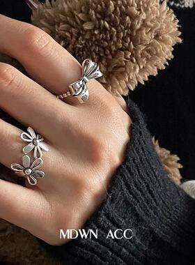 镂空花朵蝴蝶结戒指女复古时尚S925银气质甜美开口指环ins食指戒