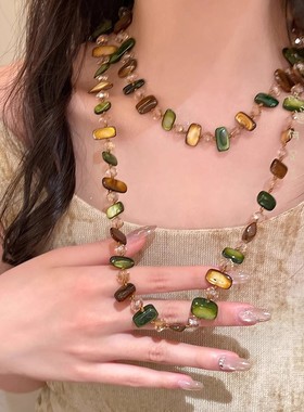 波西米亚绿色天然贝壳长款项链女复古叠戴毛衣链适合夏天戴的配饰