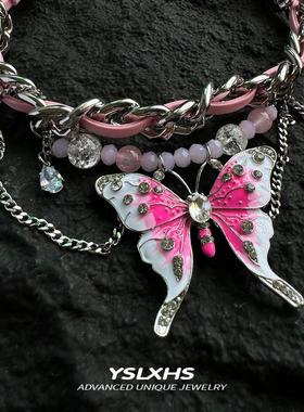 粉色蝴蝶choker夸张项链多巴胺设计感颈链y2k亚比锁骨链小众项圈