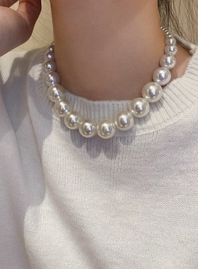 夸张大颗珍珠项链轻奢小众法式毛衣链女高级感2025新款气质颈链