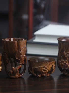 海南黄花梨茶杯木雕兰花腊梅莲蓬荷花六件套海黄摆件