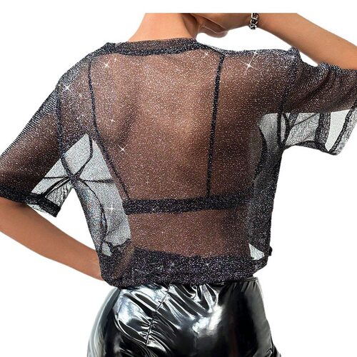 Women's Half-cut Short-sleeved Mesh Clothes Bright Silk Inne - 图3
